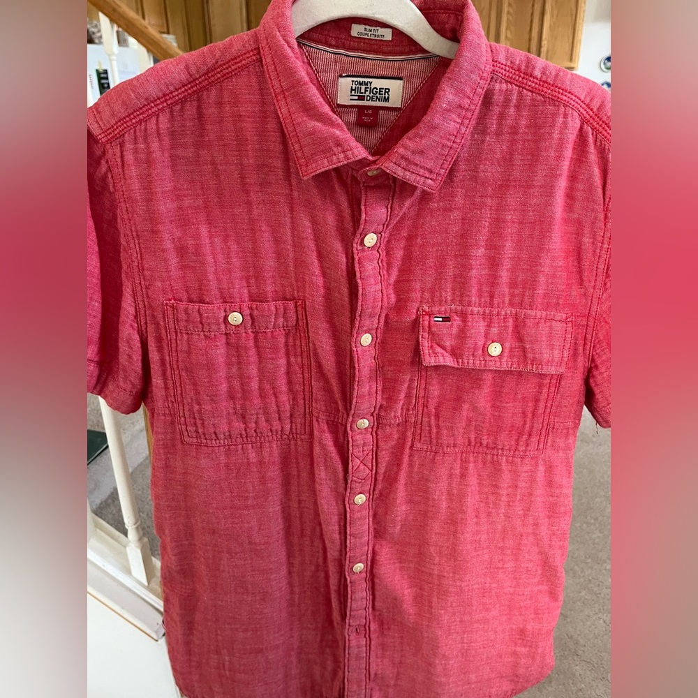 Tommy Hilfiger Slim Fit Short Sleeve Button Down Shirt Salmon Color Size Large